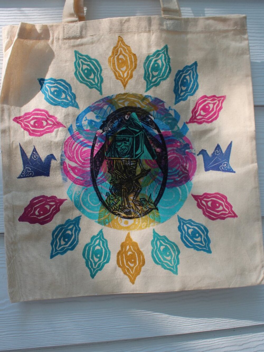 Hand-Printed Psychedelic Art Cotton Tote Bag